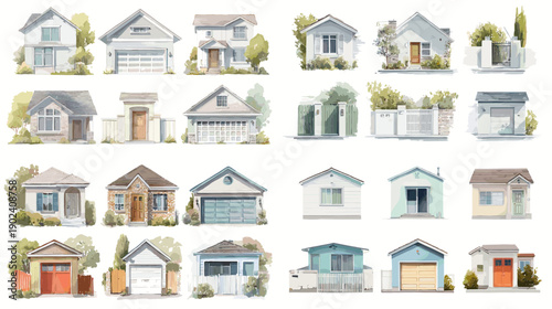 Collection of house facade illustrations showing front views with doors windows and roofs. Residential building designs suitable for real estate visuals architecture presentations and urban environmen