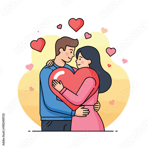 A couple embraces, sharing a giant heart with smaller hearts around