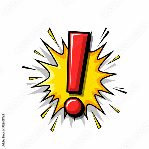 Red exclamation mark in a comic pop art explosion bubble, attention or warning.