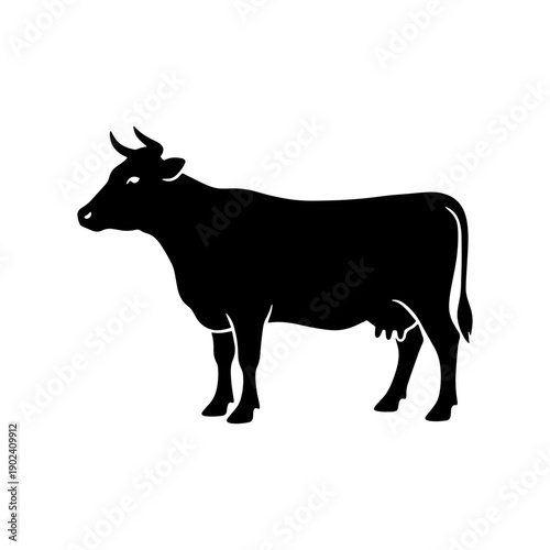 Minimalist black silhouette of a dairy cow in profile, isolated on white. Ideal for farm logos, agricultural branding, organic food packaging, and rural design projects.