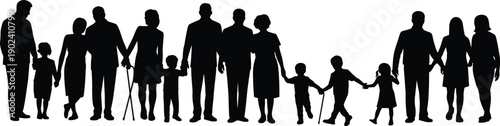 Silhouette illustration of diverse community group with children, adults, and elderly holding hands together, symbolizing unity, bonding, generational diversity, support, love, and social harmony
