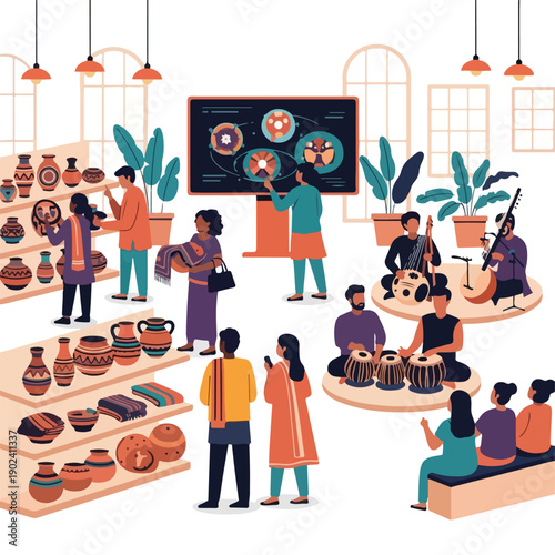 A cultural event with people viewing pottery, art, and music