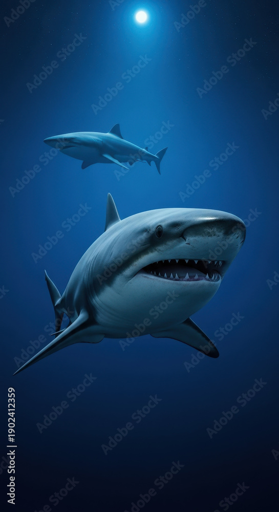 Obraz premium Two sharks swimming in the deep blue ocean under a bright moonlit sky