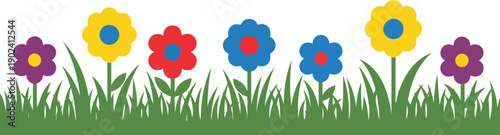 Colorful spring flowers in grass vector clipart for kids, banners, and seasonal design