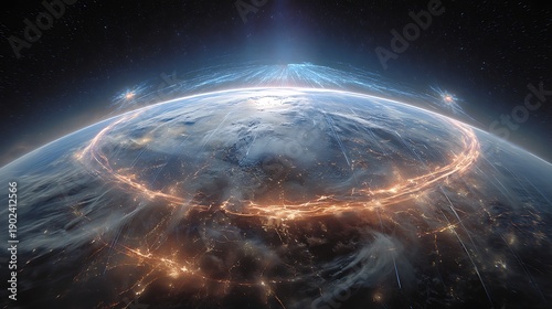 Science of creation, futuristic satellite and drones generating atmosphere around a lifeless planet, glowing plasma lines circling the globe, 