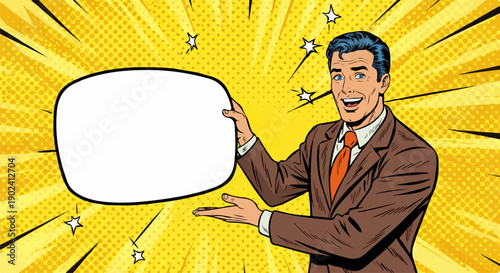 Pop art man in suit presents blank speech bubble on vibrant comic background.