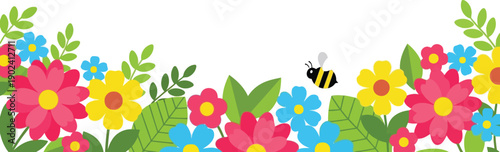 Spring floral vector clipart with colorful flowers, green leaves, and cute bee illustration border