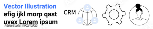 Business management, customer interaction, CRM, operational support, network systems, profiling. Globe with lines, gear and a user icon. Business management and customer interaction concepts