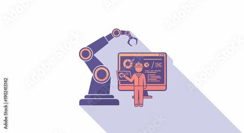Industrial robotic arm and engineer programming or monitoring automated manufacturing process on computer screen, representing AI, automation, and future technology.