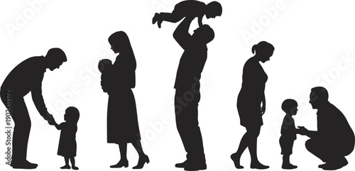 Silhouette illustration of parents interacting with children in various poses, symbolizing parenting, childcare, love, bonding, guidance, family unity, affection, support, and connection