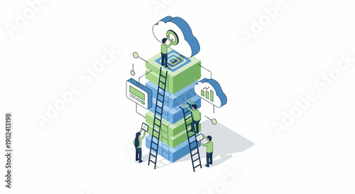 Isometric illustration of IT professionals managing a cloud server stack, depicting data storage, network infrastructure, and collaborative tech support.