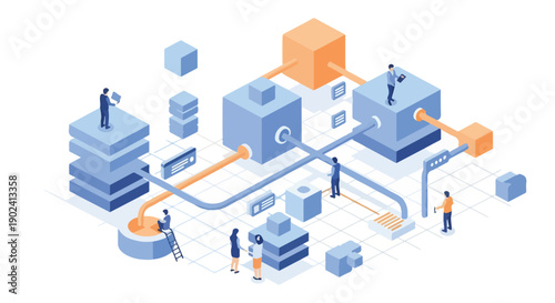 Isometric illustration of a complex data flow system with tiny people managing information and technology.