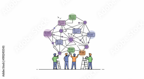 Diverse team of professionals building a complex network diagram, symbolizing collaboration and interconnected systems in business and technology.