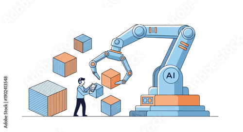 Robotic arm with AI logo assembling cubes with a person overseeing, symbolizing automation and artificial intelligence in manufacturing and industry.