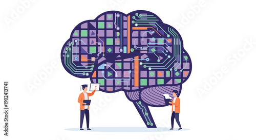 Artificial Intelligence Brain Concept with People Analyzing Data and Circuits