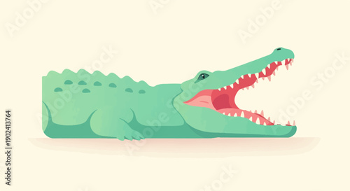 Stylized green reptile with mouth wide open showing sharp teeth and pink interior