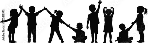 Silhouette illustration of playful children in various poses standing and sitting together, symbolizing childhood joy, friendship, diversity, unity, bonding, social connection, and youthful energy