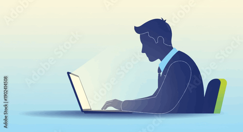 Silhouette of a man in a suit working on a laptop, bathed in screen light