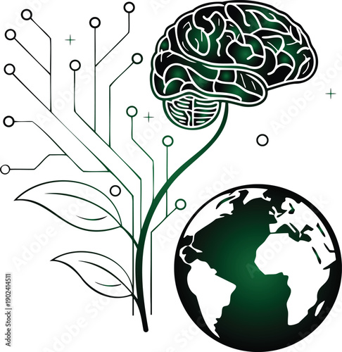 Green brain on a circuit plant stem with leaves and globe on white background  technology and nature concept