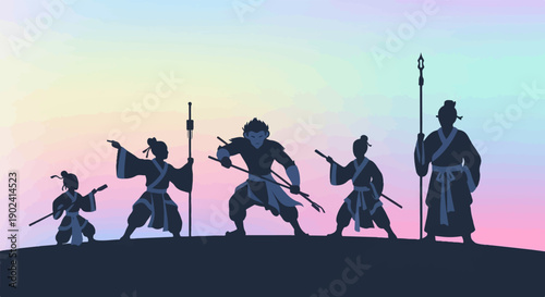 Silhouette of a monkey-like warrior and companions against a pastel sky