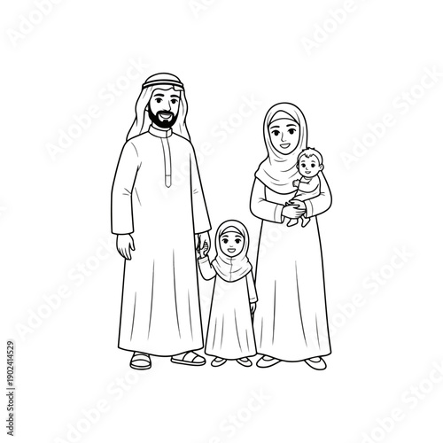 Family in Traditional Arabic Clothing Standing Together.