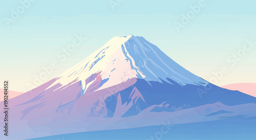 Serene mountain peak bathed in soft pastel light under a pale sky