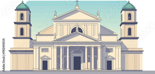 Stylized depiction of a grand neoclassical church with twin towers and a central portico