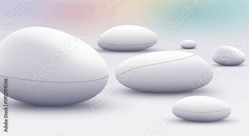 Smooth, white, oval shapes resting on a pale, abstract background