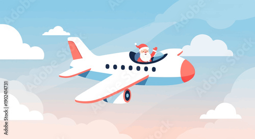 Santa Claus waves from the cockpit of a flying airplane amidst clouds