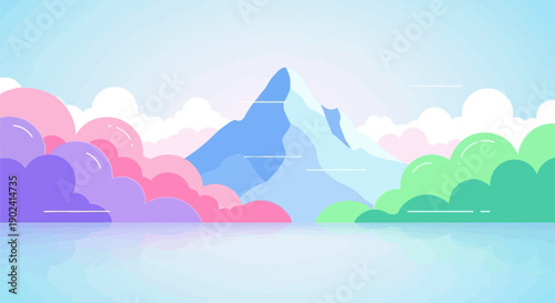 Serene mountain reflected in tranquil water surrounded by soft pastel clouds