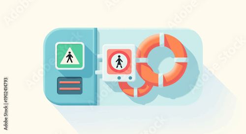 Safety symbols pedestrian crossing, gender neutral restroom, and life preserver