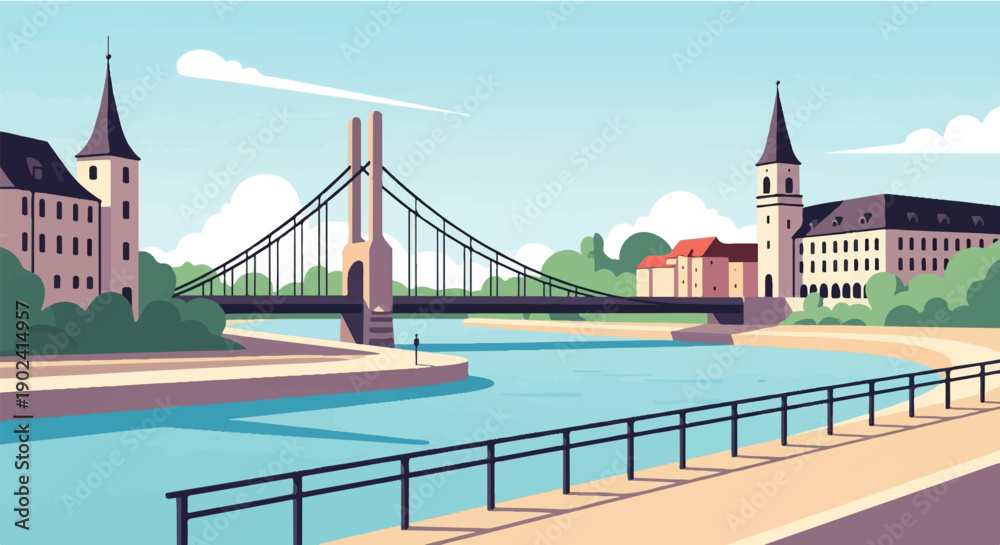 Obraz premium Scenic city bridge over tranquil water, flanked by historic buildings and lush greenery