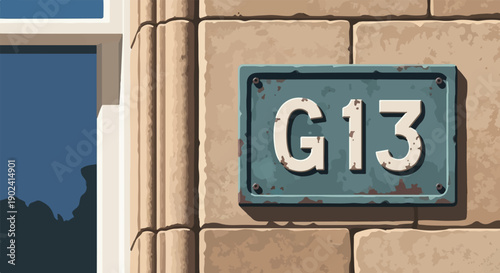 Rusty metal sign with "G13" on a weathered stone building with a window