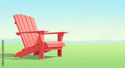 Red Adirondack chair sits on a grassy field under a pale blue sky