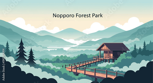 Serene mountain valley with a wooden cabin and elevated walkway