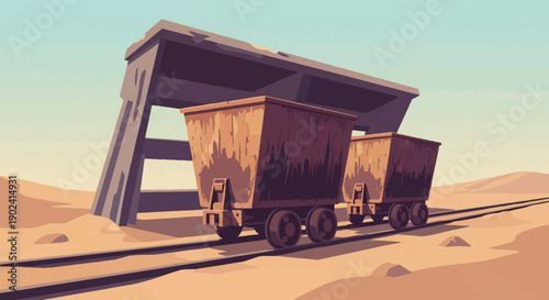 Rusty mining carts sit on train tracks beneath a weathered structure in a desert