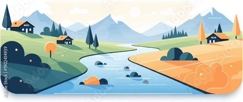 Serene mountain valley with winding river and cozy cabins