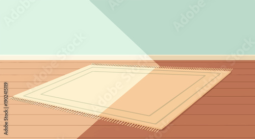 Soft rectangular rug with fringe on wooden floor, light blue wall backdrop