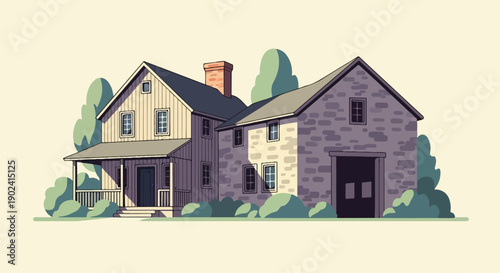 Rustic pixel art farmhouse with attached stone garage and surrounding green bushes