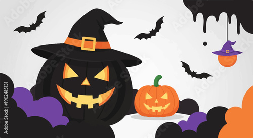 Spooky Halloween scene with grinning pumpkins, bats, and witch hats