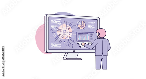 Professional analyzing complex data on a large computer screen, illustrating software development, AI, and digital technology concepts for business.