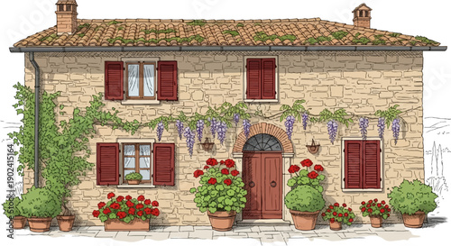 Rustic stone house with blooming flowers and climbing vines
