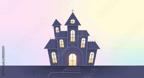 Spooky, illuminated mansion with crooked windows against a pastel sky