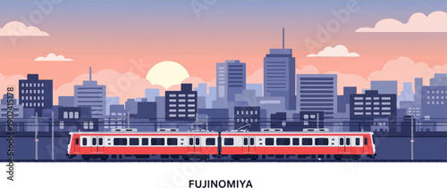 Red and white train moves through a pixelated city at sunset