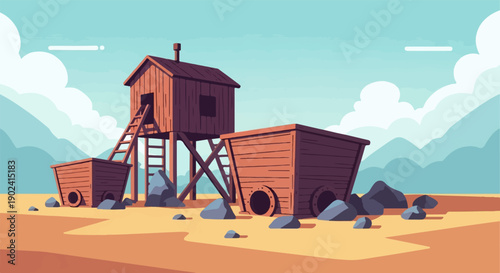 Rustic mine structures in arid landscape under cloudy sky