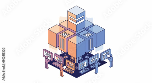 Isometric illustration of a modern data center with servers and IT professionals managing network infrastructure, cloud computing, and big data systems.