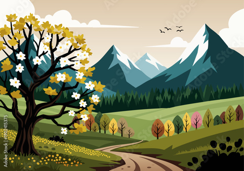 Vintage Travel Poster Style Mountain Valley with Blossoming Tree and Winding Road