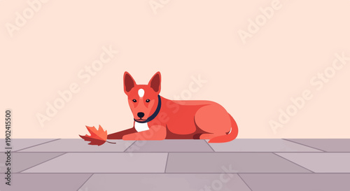 Red dog with leaf on pavement, flat style