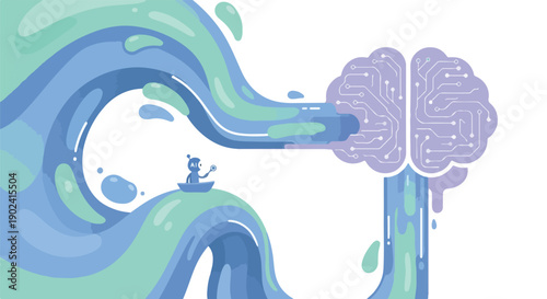 Abstract illustration of data flowing into a digital brain, symbolizing artificial intelligence, machine learning, knowledge transfer, and technological innovation.