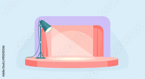 Spotlight illuminates a minimalist stage with a podium and soft curtain